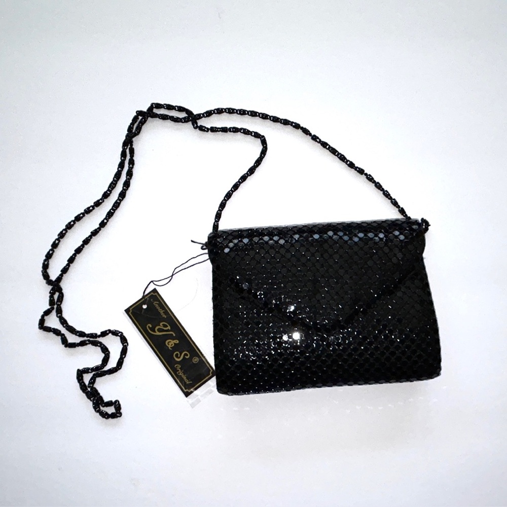 VINTAGE Black Clutch Crossbody Sling Evening Purse Bedazzled Flap Sparkle